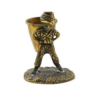 Vintage Brass Man Worker Toothpick / Match Holder Thimble Basket 2" D